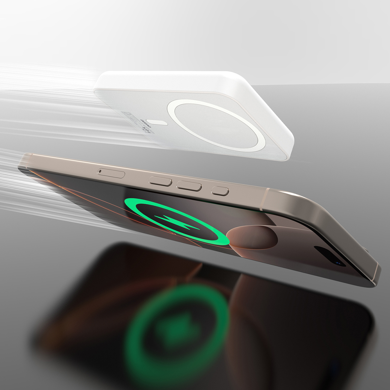 Telefon ładujący się bezprzewodowo obok innego telefonu z zielonym wskaźnikiem ładowania. Oba są na szarej powierzchni.