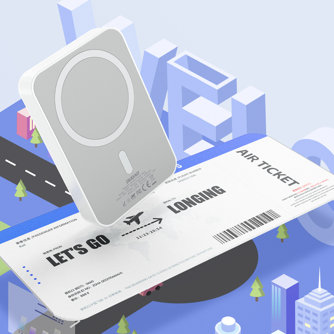 Ładowarka bezprzewodowa, bilet lotniczy i ilustracja miasta.