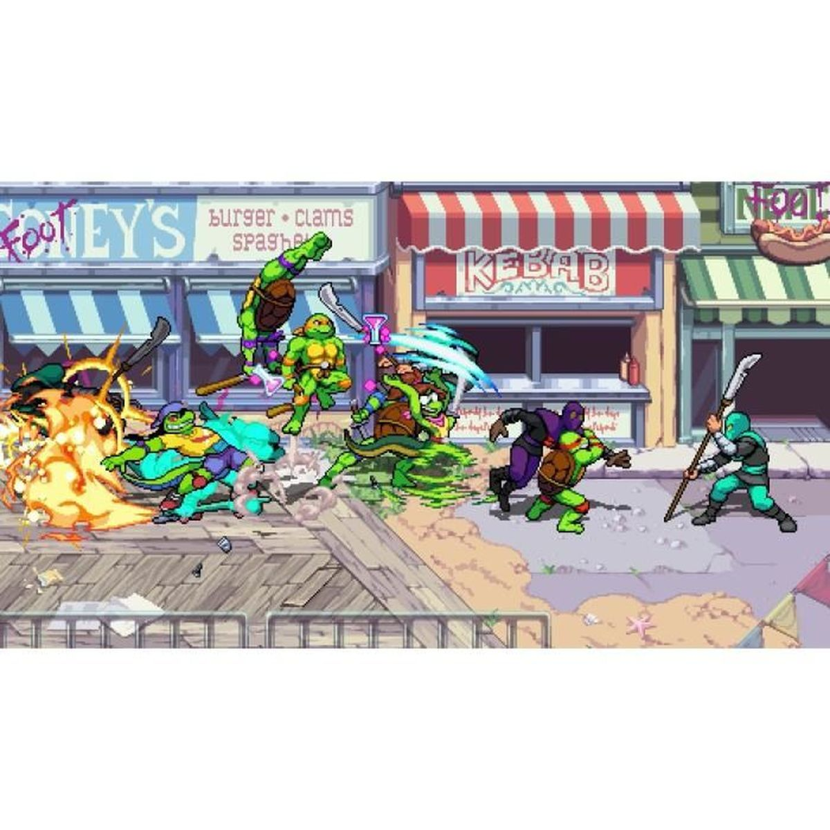 Scena pixelata di un videogioco con le Tartarughe Ninja in combattimento. Edifici sullo sfondo.