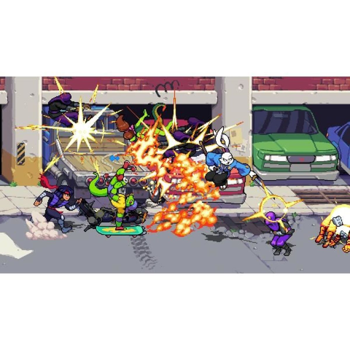Scena di gioco pixelata con personaggi che combattono vicino a un'auto e un garage.