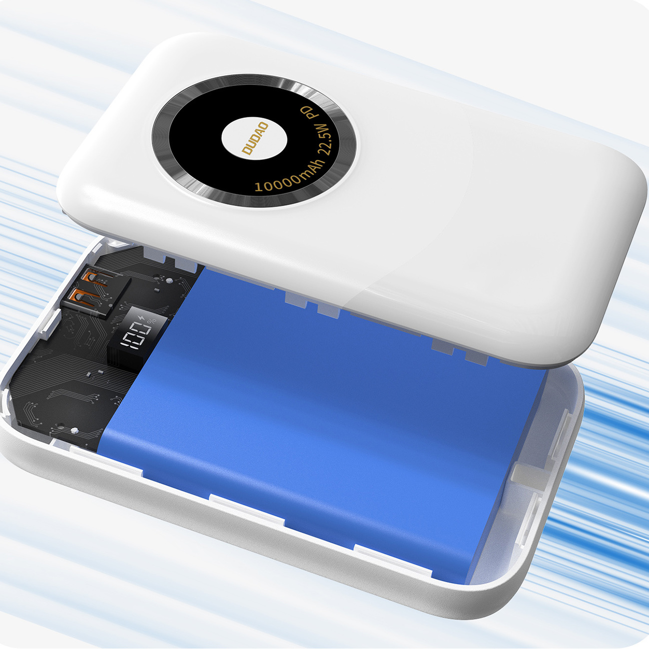 Otwarty power bank pokazujący baterię. Niebieski akumulator w środku, biała obudowa.