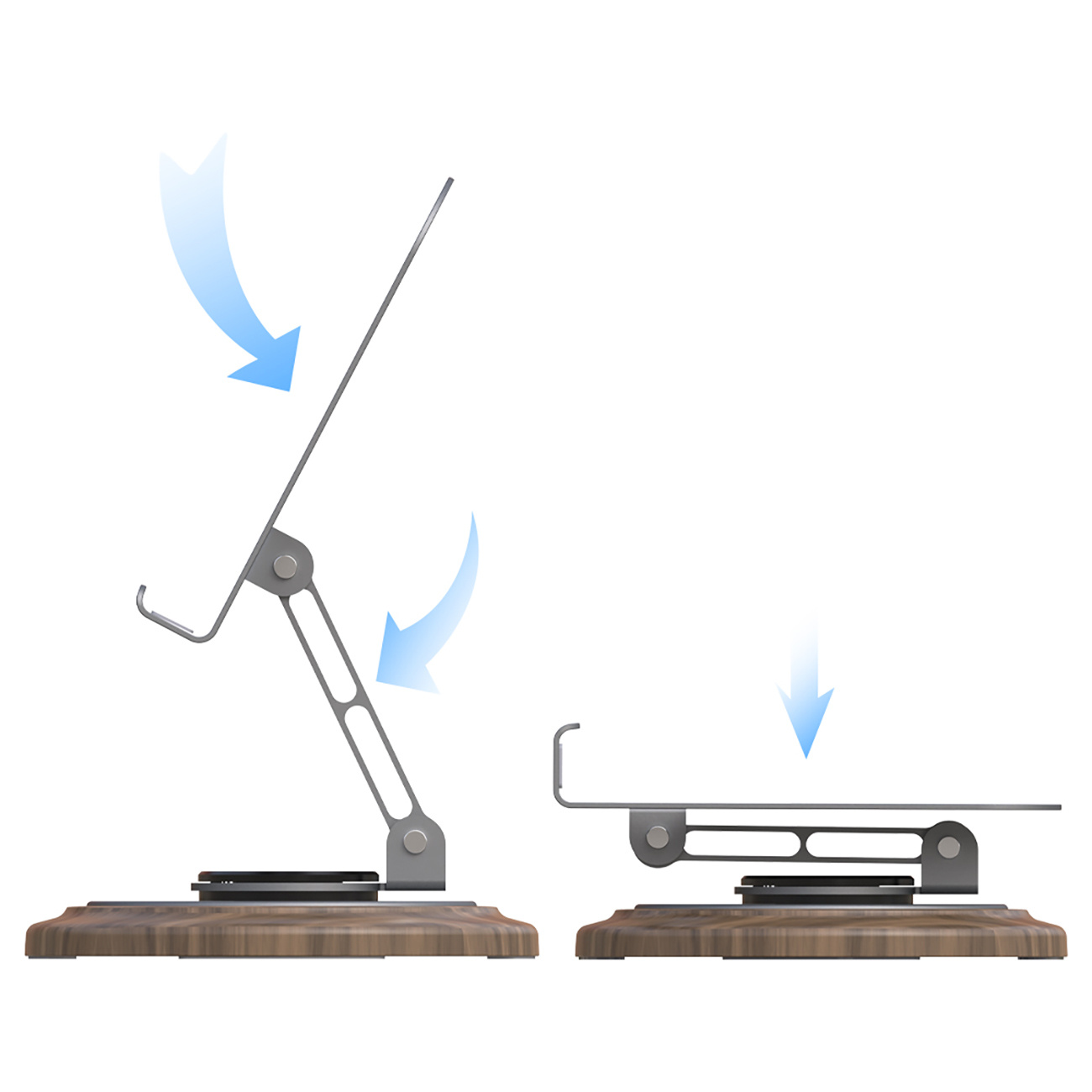 Dwuczęściowy stojak na telefon, ze strzałkami wskazującymi ruch składania, na jasnym tle.