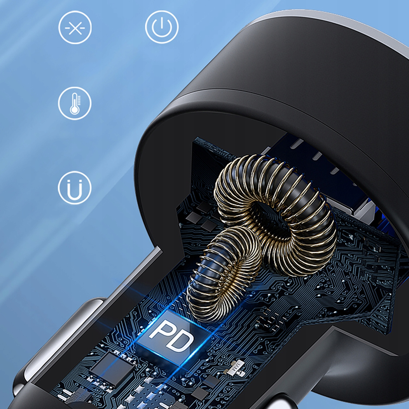 Zbliżenie na wewnętrzne komponenty ładowarki samochodowej. Pokazuje obwody, cewki i oznaczenie 'PD'.