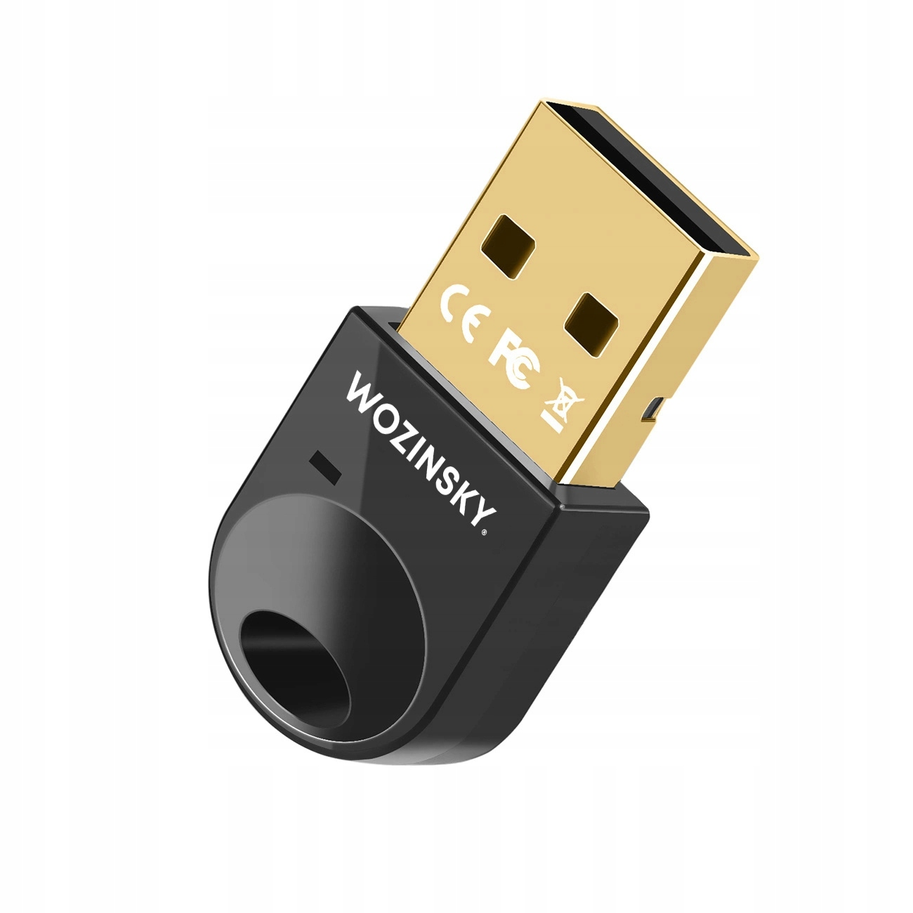 Czarny adapter USB WOZINSKY. Posiada oznaczenia CE i FCC.