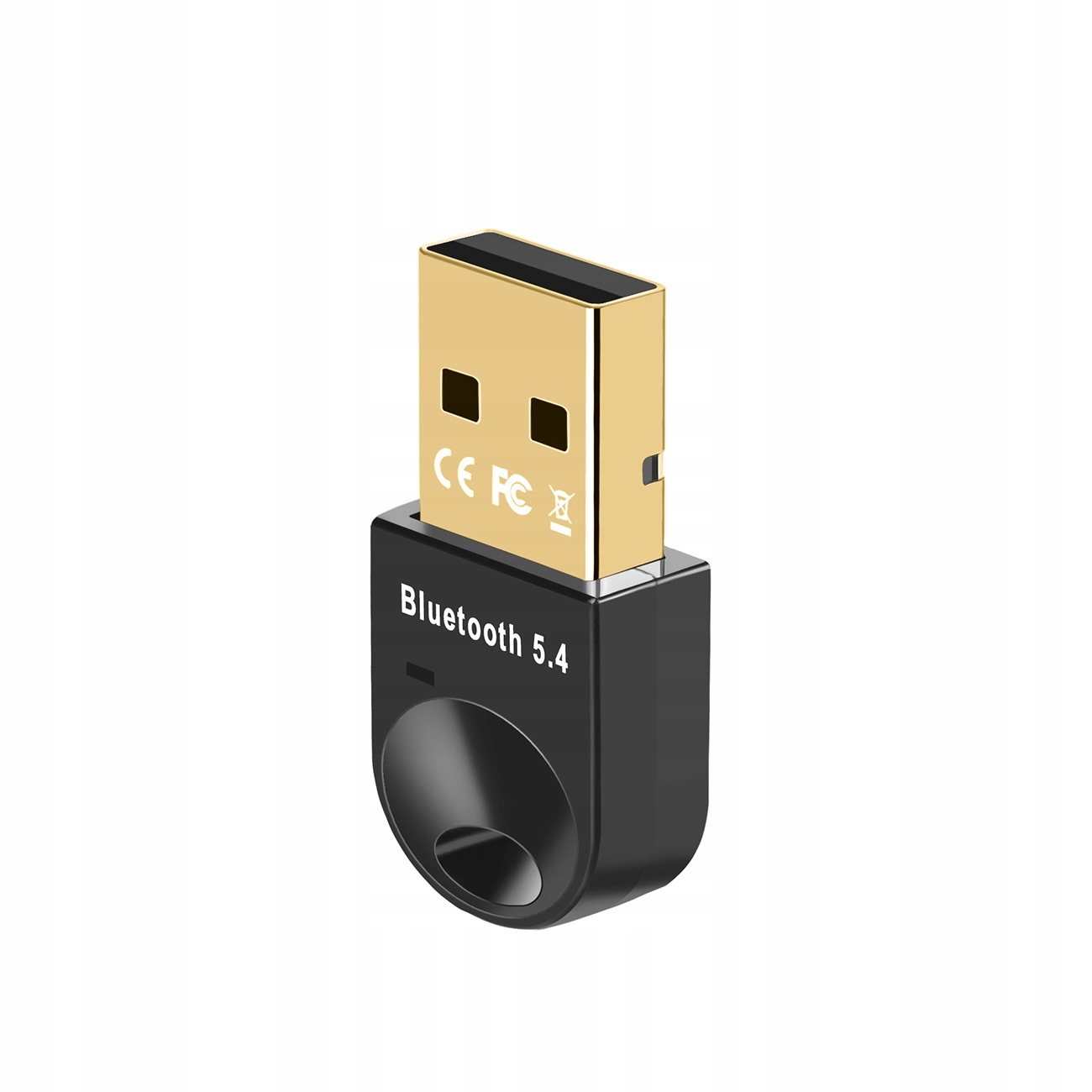 Czarny i złoty adapter Bluetooth USB z oznaczeniami 'Bluetooth 5.4' i CE FC. Wyizolowany na białym tle.