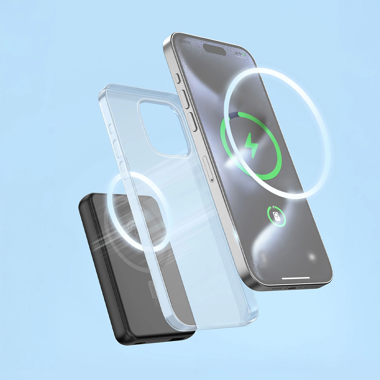 Telefon z etui i ładowarką bezprzewodową. Telefon się ładuje. Tło jest niebieskie.