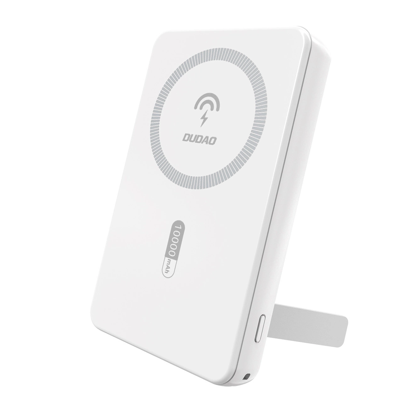 Biała ładowarka ze stojakiem. Ładowarka pokazuje ikonę ładowania oraz napisy DUDO i 10000 mAh.
