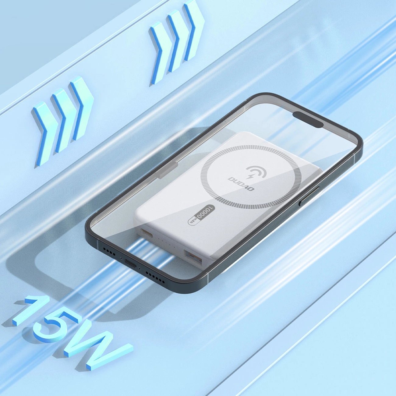 Biała ładowarka w etui. Ładowarka pokazuje ikonę ładowania oraz napisy DUDO i 10000 mAh.