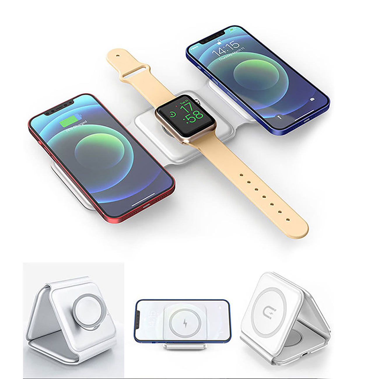 Trzy telefony i zegarek ładujące się na białej podkładce. Trzy podkładki ładujące są pokazane na dole.