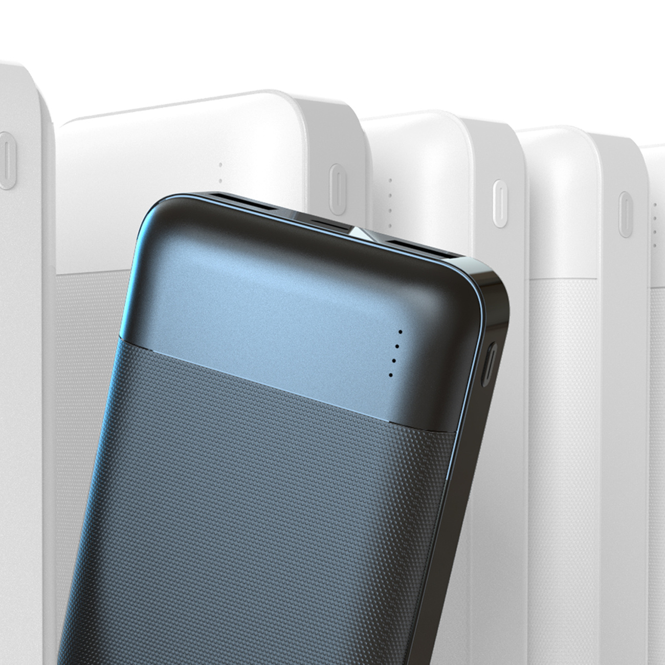Un power bank nero è a fuoco. Power bank sfocati sono sullo sfondo. Il marchio DUDAO è visibile.