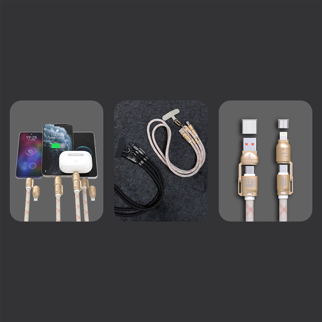 Wiele kabli i urządzeń do ładowania telefonów. Różne kable z różnymi złączami. Odizolowane na ciemnym tle.