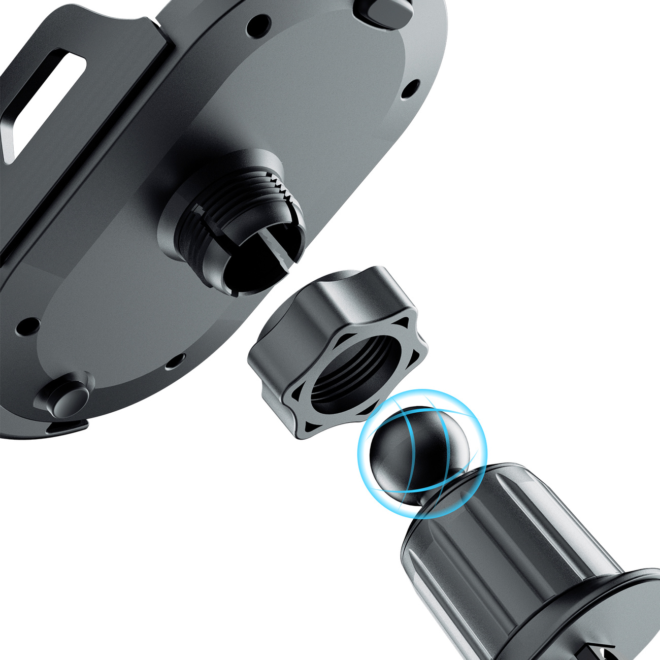 Zbliżenie czarnego uchwytu do telefonu samochodowego z odłączonym przegubem kulowym. Białe tło.