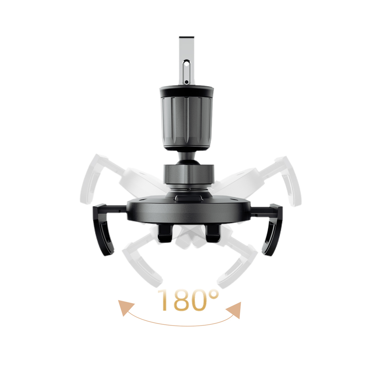 Czarny uchwyt do telefonu samochodowego, ze wskaźnikiem obrotu 180°. Posiada ramiona i mechanizm.