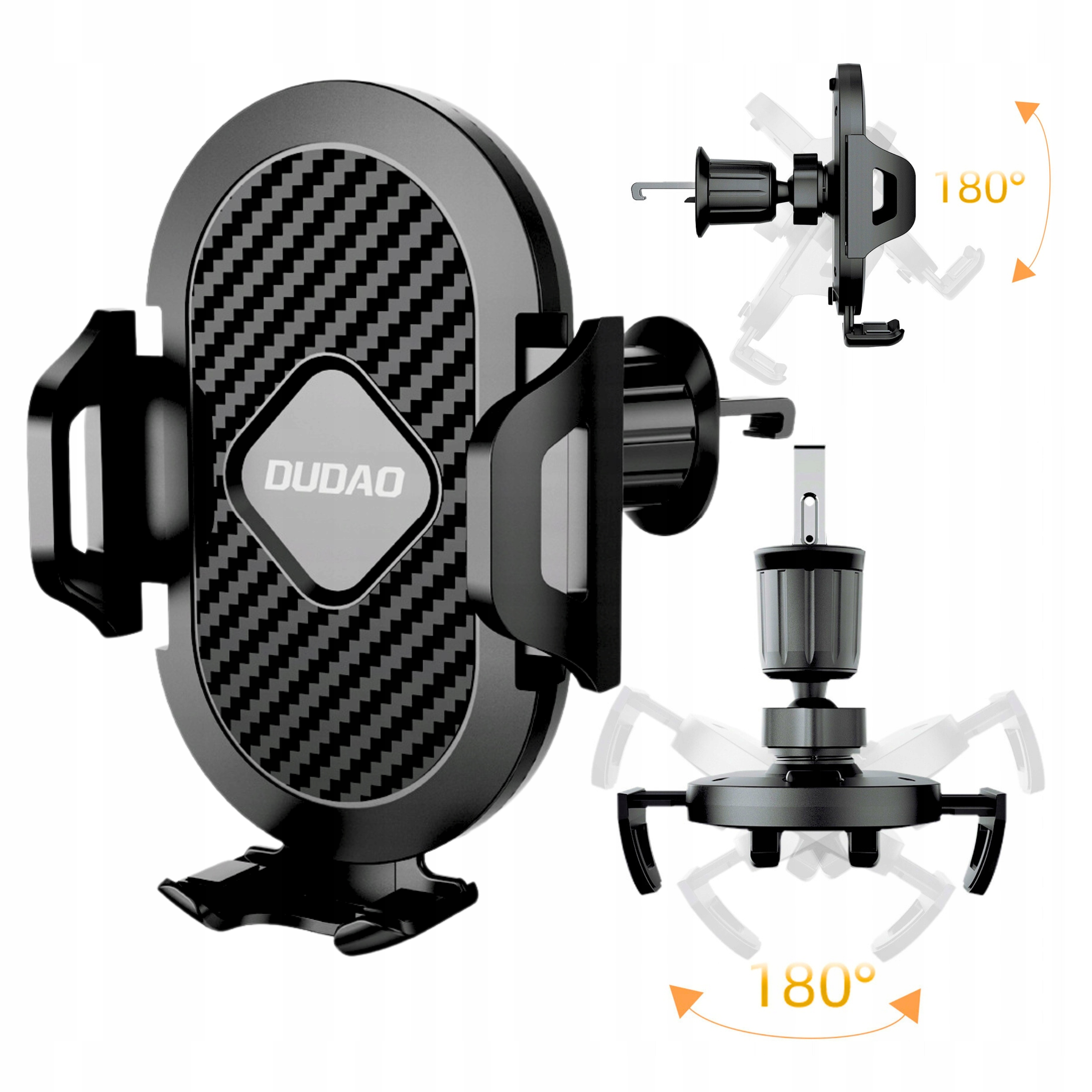 Czarny uchwyt do telefonu samochodowego ze wzorem z włókna węglowego, logo DUDO. Z bocznymi ramionami.