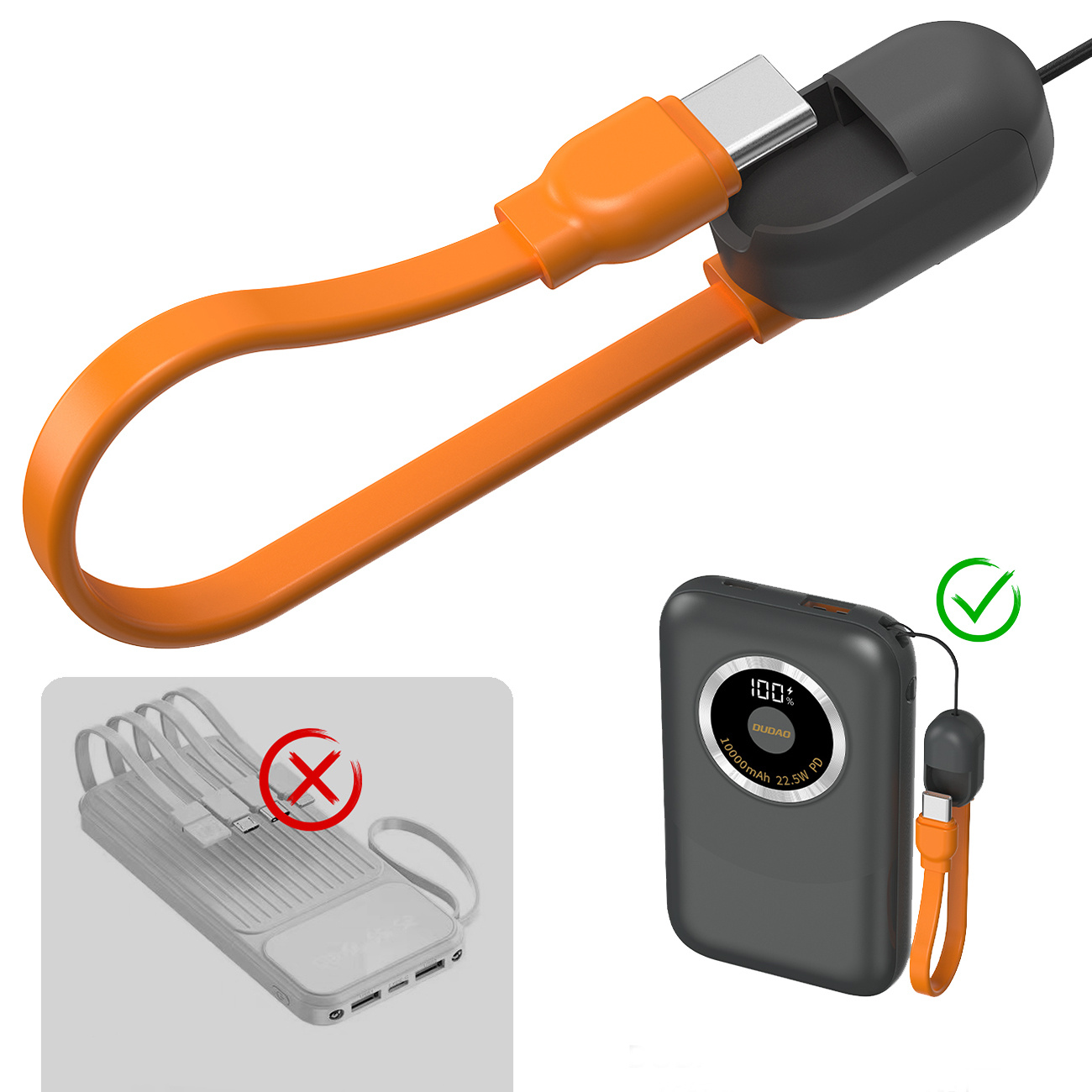 Pomarańczowy i czarny kabel ładujący z power bankiem oraz schemat pokazujący błąd ładowania.