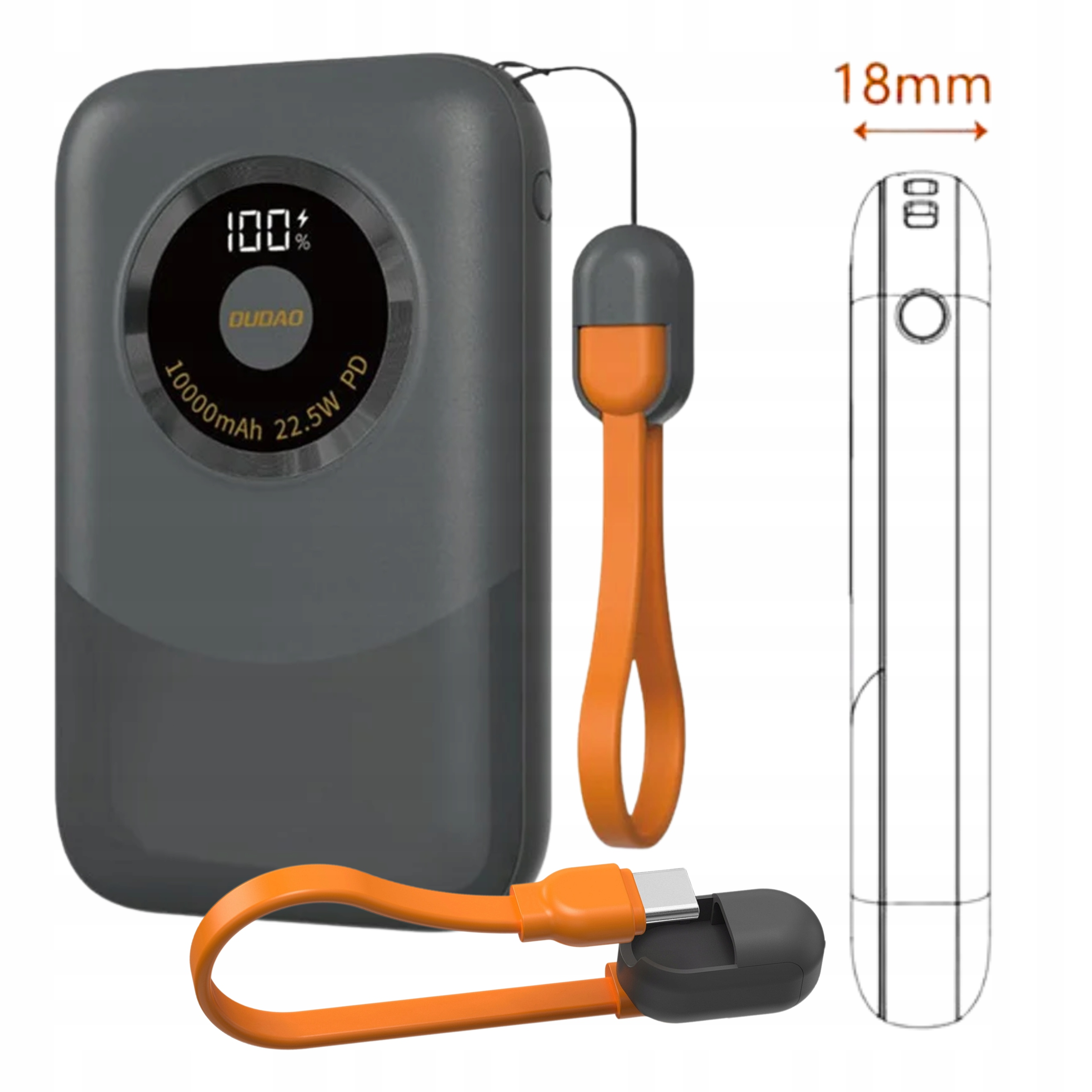 Szary power bank z pomarańczowym paskiem i kablem, pokazujący 100% naładowania. 10000mAh, 22.5W PD.