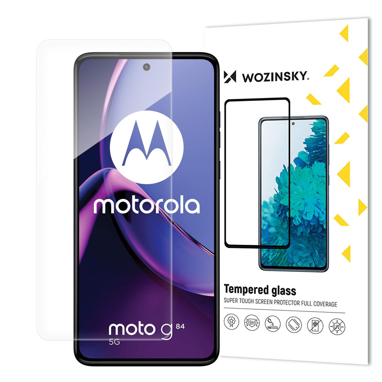 Telefon z ochraniaczem ekranu w pudełku. Pudełko pokazuje model Motorola moto g84.