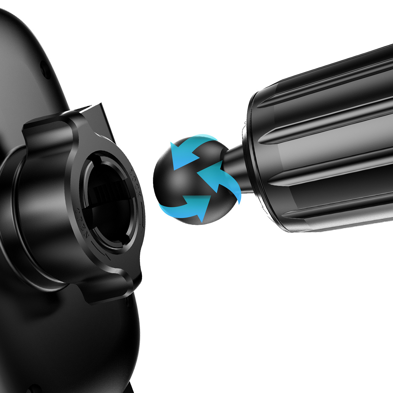 Czarny uchwyt do telefonu ze strzałkami. Połączenie kulowe łączy dwie części. Strzałki wskazują kierunek obrotu.