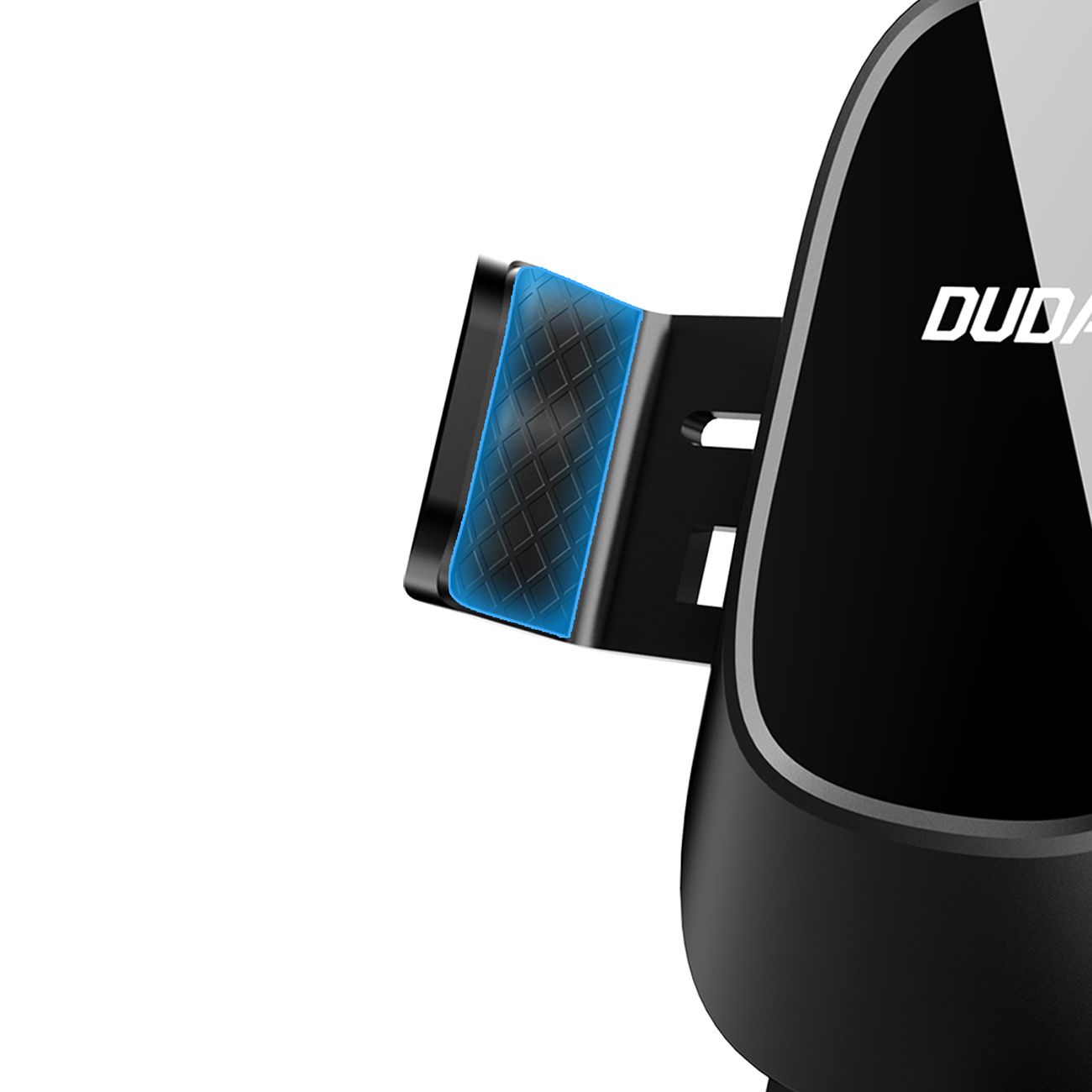 Zbliżenie czarnego uchwytu do telefonu samochodowego z niebieskim wzorem na boku. Widoczne logo DUDO.