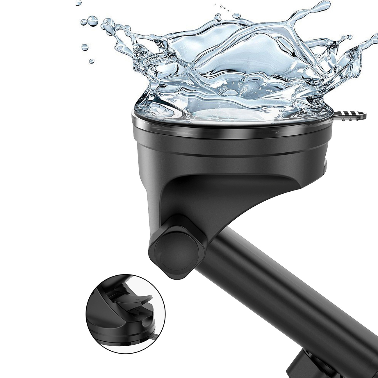 Czarny uchwyt samochodowy z rozpryskiem wody. Uchwyt jest przymocowany do powierzchni.