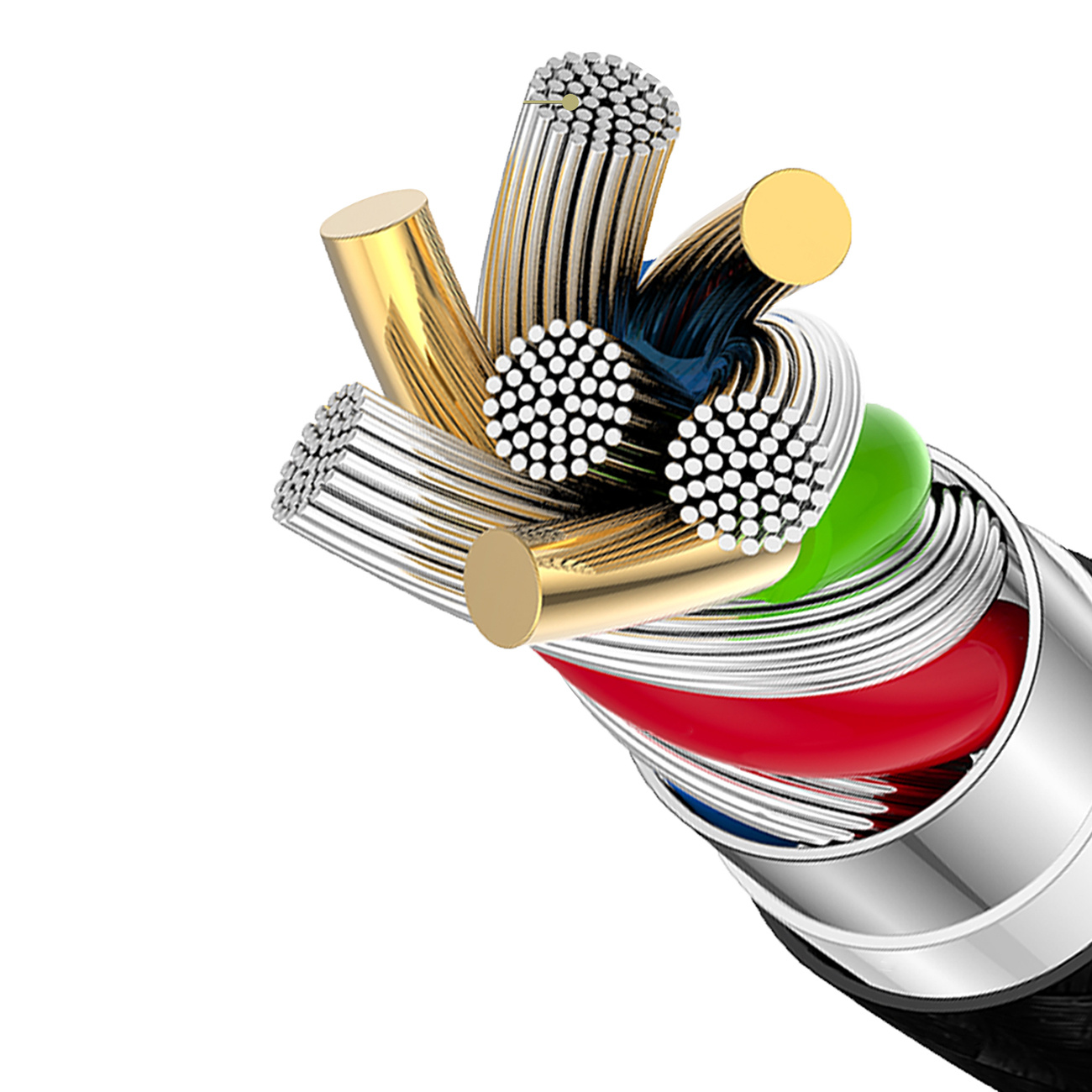 Przekrój kabla. Ukazuje wiele kolorowych przewodów w metalowej obudowie.