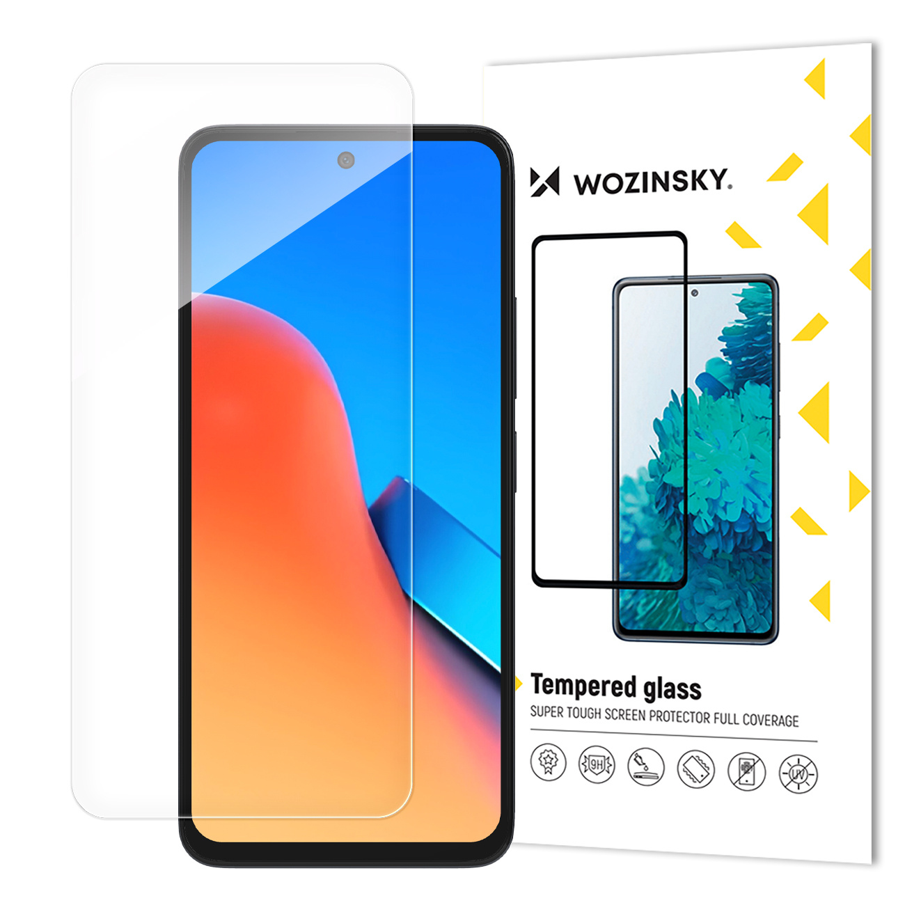 Telefon z ochroną ekranu obok opakowania ochronnego. Telefon ma zakrzywiony ekran.