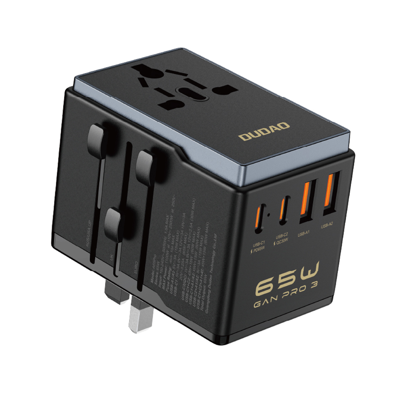 Czarny adapter podróżny z wieloma wtyczkami i portami USB. Adapter ma etykietę 65W GAN PRO 3.