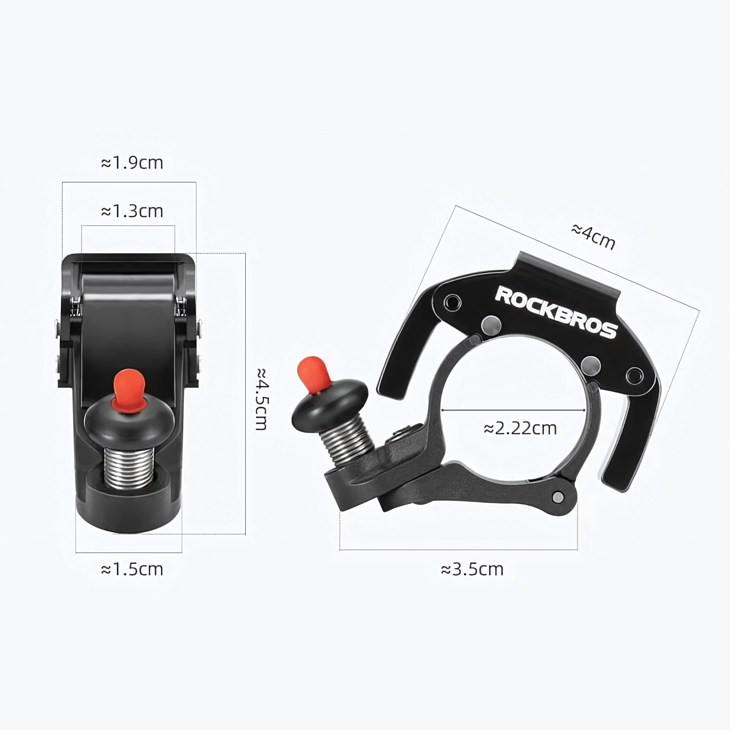 Schemat przedstawiający czarny dodatek do roweru z wymiarami. Zawiera czerwony przycisk i sprężynę.