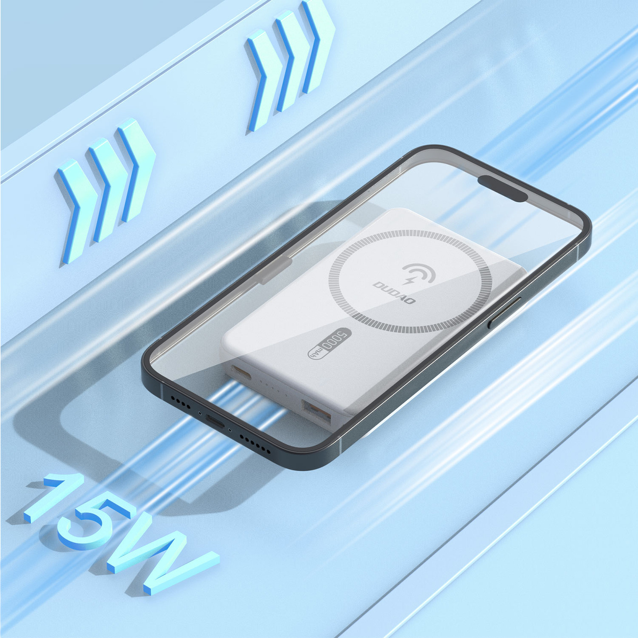 Telefon w etui z dołączoną ładowarką bezprzewodową, na niebieskim tle. Obecne są strzałki i tekst 15W.