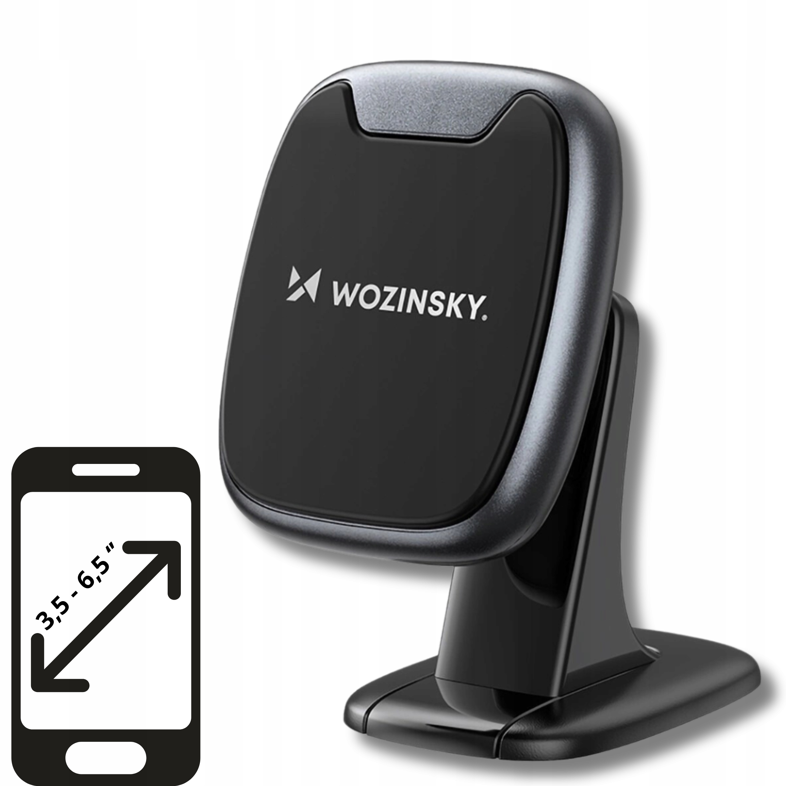 Czarny uchwyt na telefon z logo Wozinsky i wskaźnikiem rozmiaru.