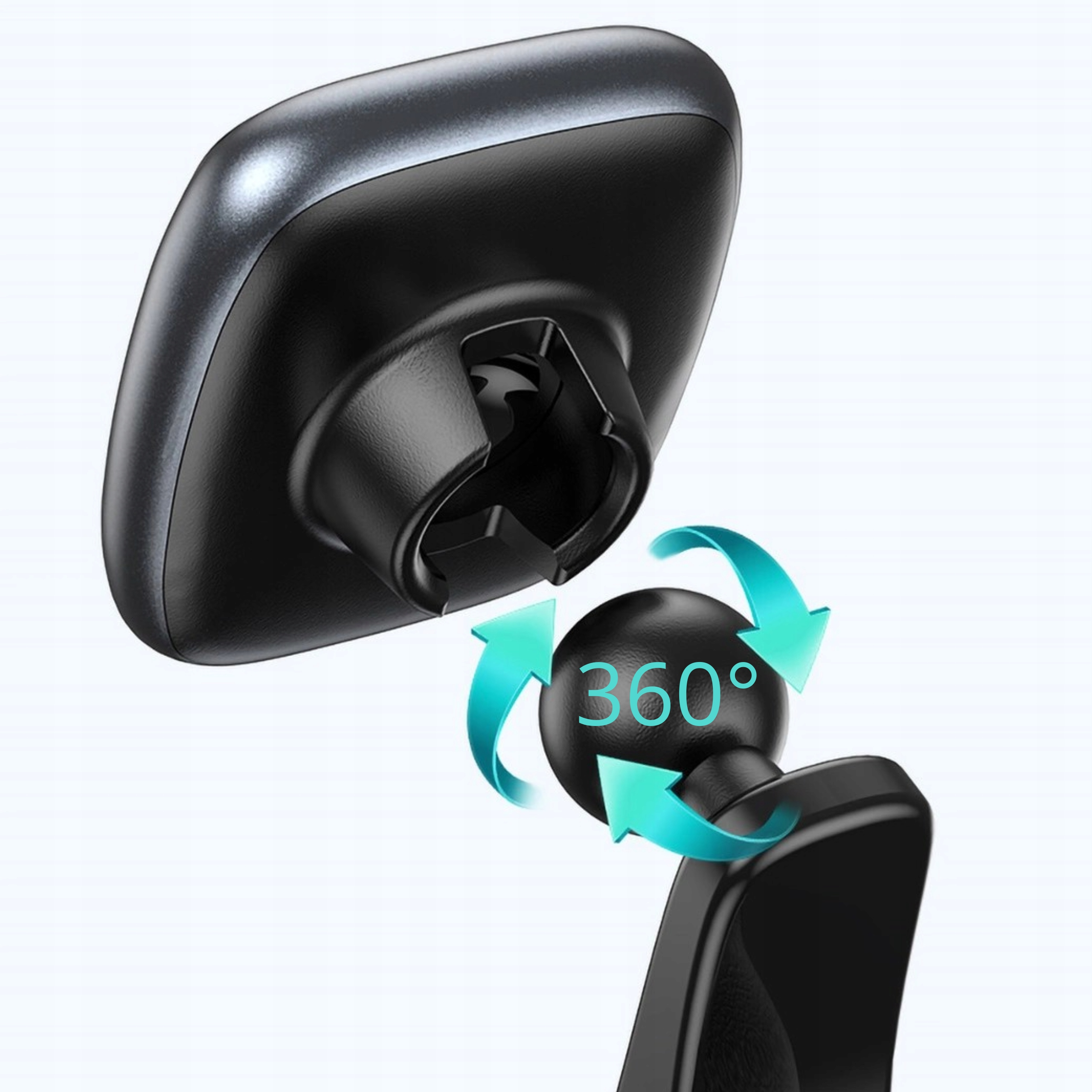 Uchwyt samochodowy na telefon z obracanym przegubem kulowym 360 stopni. Strzałki wskazują kierunek obrotu.