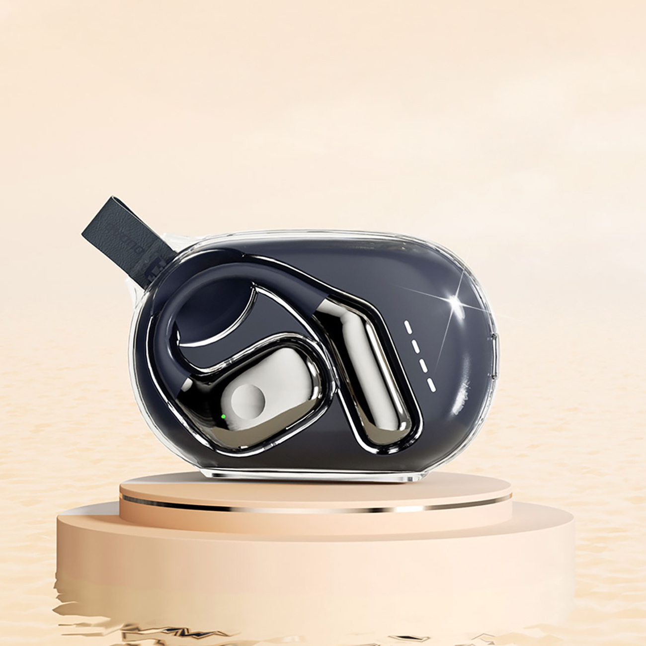 Auricolari in custodia trasparente, design blu scuro e argento, su piedistallo beige.