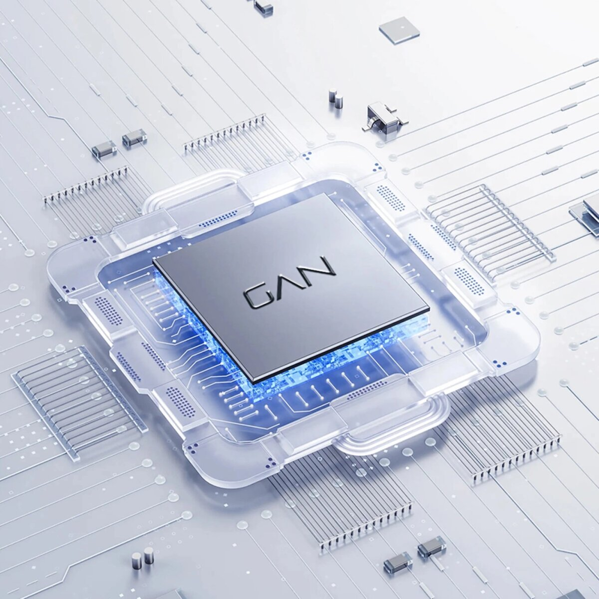 Zbliżenie srebrnego układu GAN na płytce obwodu z efektem niebieskiego światła.