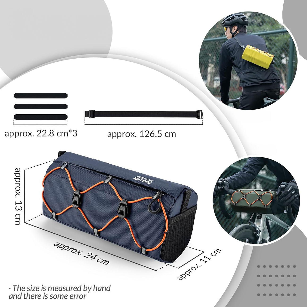 Niebiesko-pomarańczowa torba na kierownicę roweru z tekstem, wymiarami i rowerzystą w tle, na białym tle.