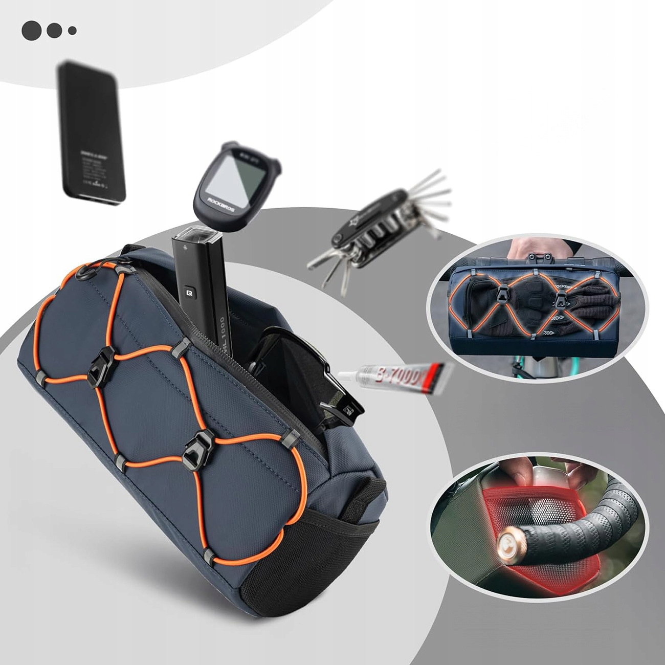 Granatowa torba na kierownicę z pomarańczowymi sznurkami. Jest otwarta, a w środku i wokół znajdują się różne akcesoria rowerowe.