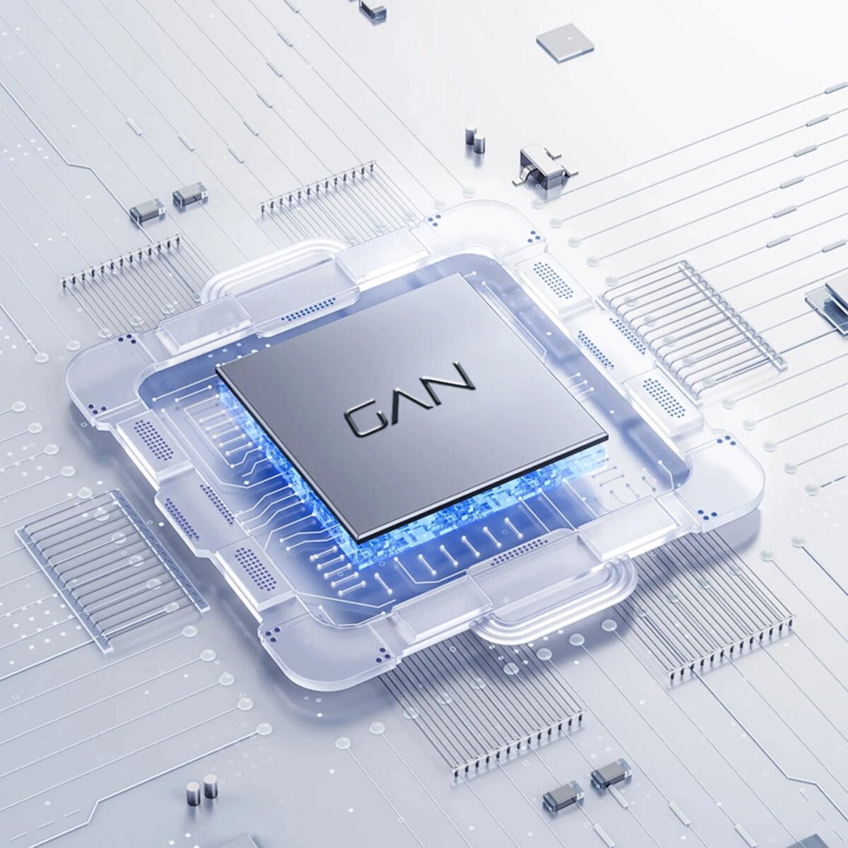 Zbliżenie układu scalonego z napisem 'GAN'. Znajduje się on na płytce drukowanej z niebieską poświatą.