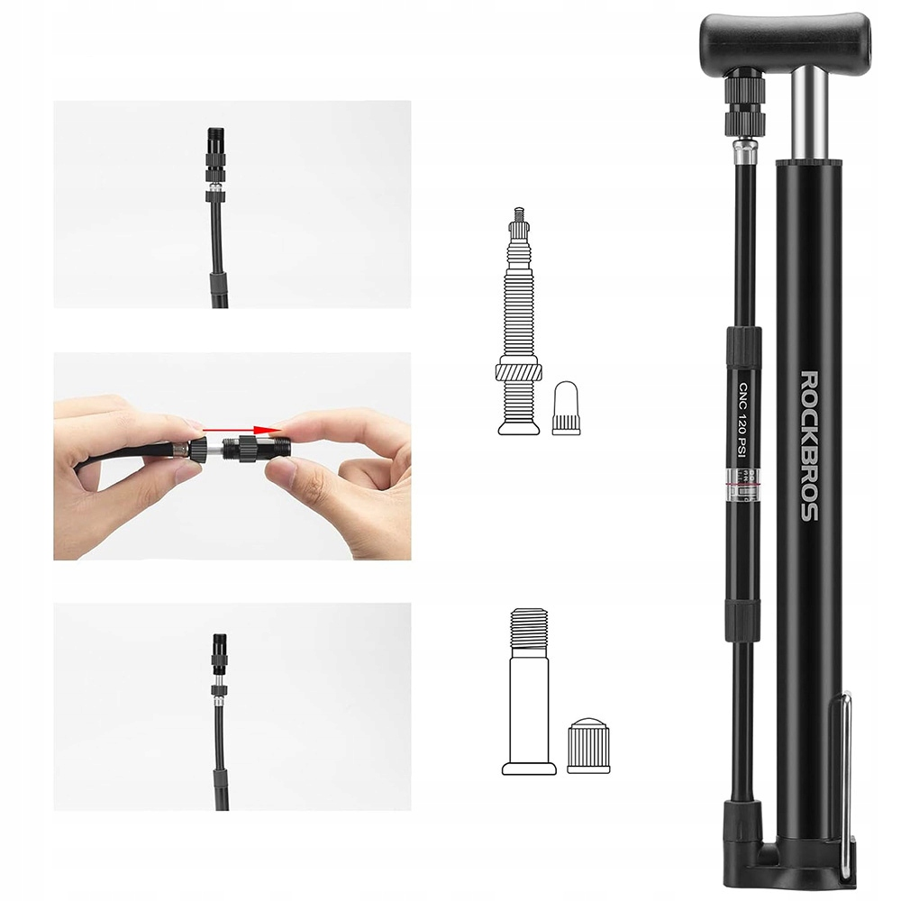 Czarna i srebrna pompka rowerowa, ze schematem części. Schemat pokazuje szczegóły i konfigurację zaworu i pompy.