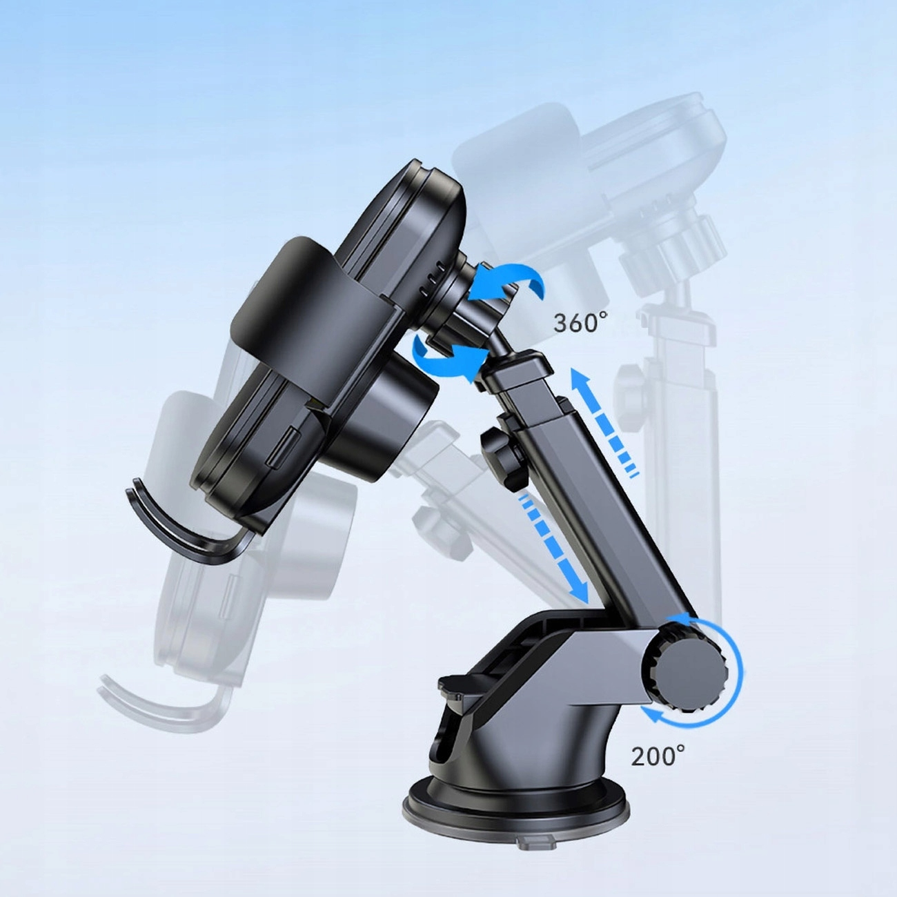 Czarny uchwyt na telefon, z możliwością obrotu o 360 stopni i pochylenia o 200 stopni, na niebieskim tle.