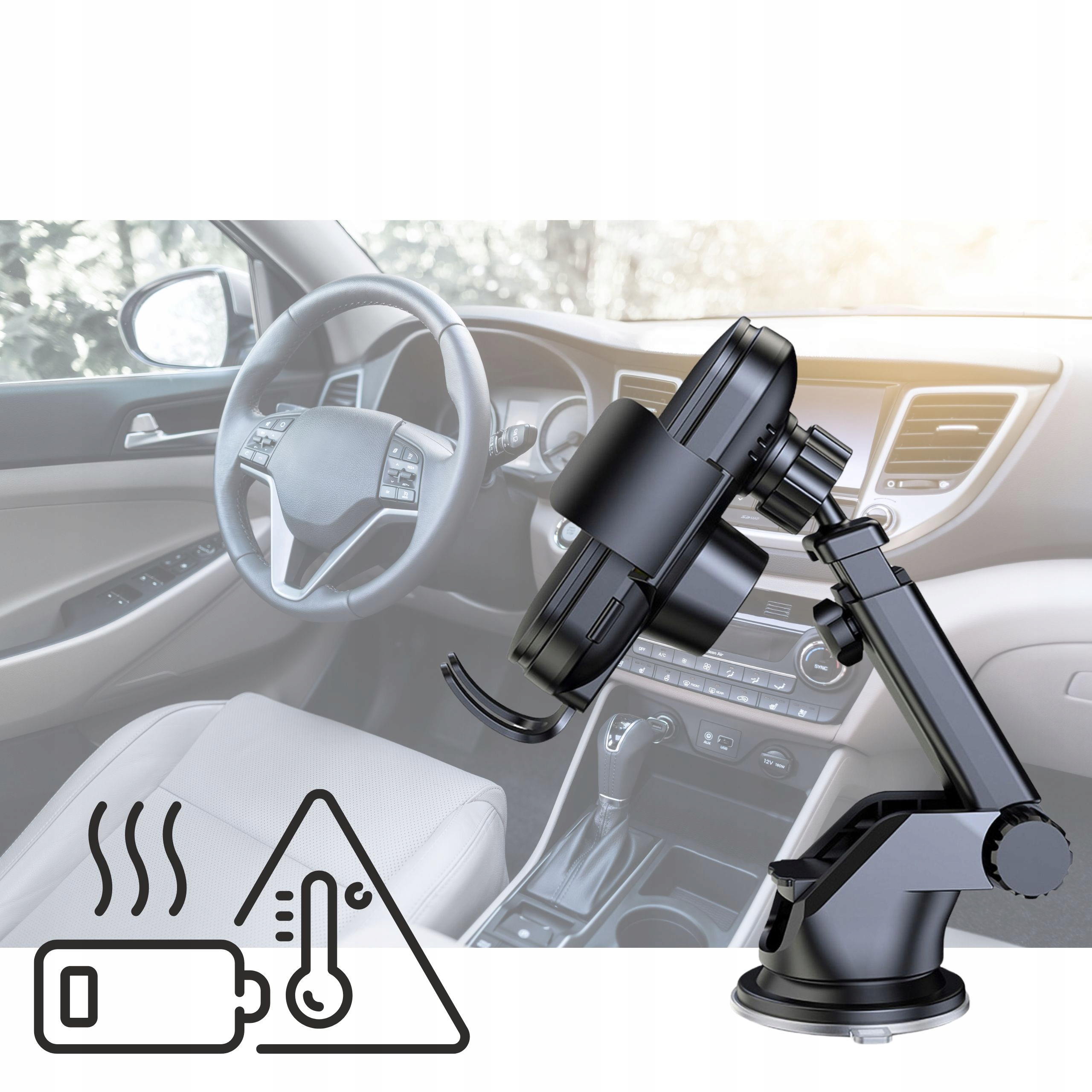 Czarny uchwyt na telefon we wnętrzu samochodu. Ikony ostrzegawcze o gorącu i niskim poziomie baterii.