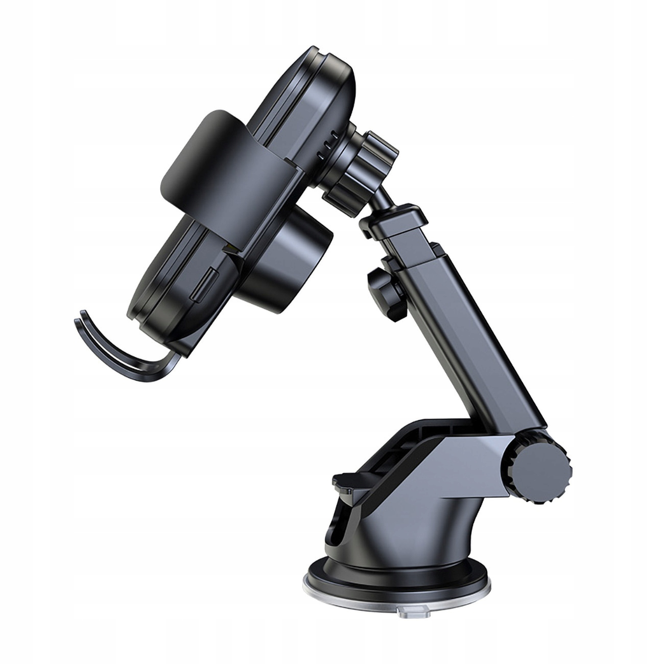 Czarny uchwyt na telefon na białym tle. Uchwyt jest ustawiony pod kątem, pokazując swoje regulowane funkcje.