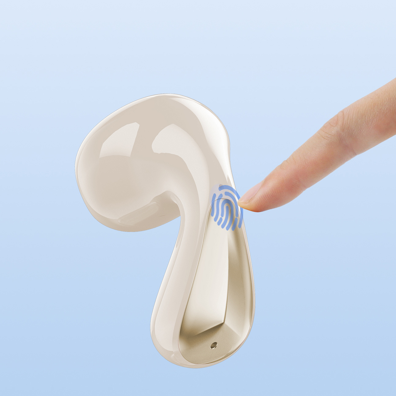 Słuchawka z czujnikiem linii papilarnych. Palec dotyka słuchawki, wskazując interakcję czujnika na niebieskim tle.