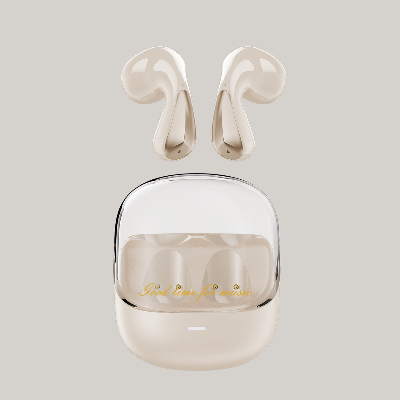 Bezprzewodowe słuchawki w etui. Etui jest otwarte, słuchawki widoczne. Na etui napis 'Good time for music'.