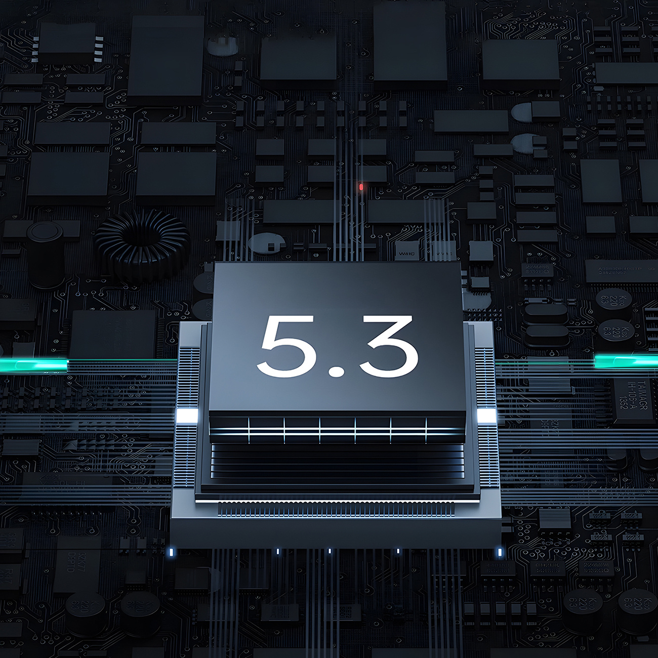 Czarny układ scalony z wyświetlonym '5.3'. Tło płytki drukowanej.