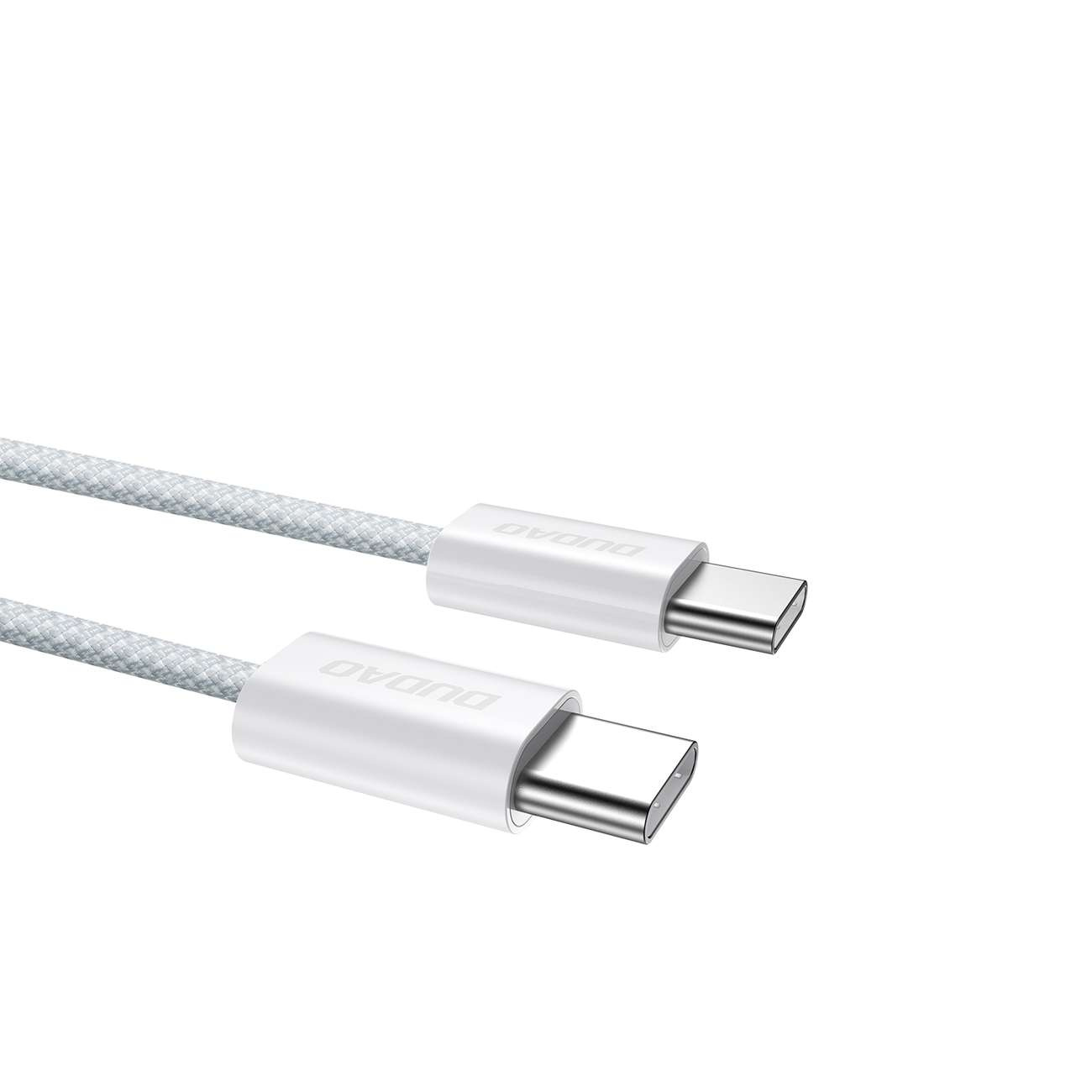 Dwa biało-szare kable USB-C z marką 'DUDAO'. Białe tło.