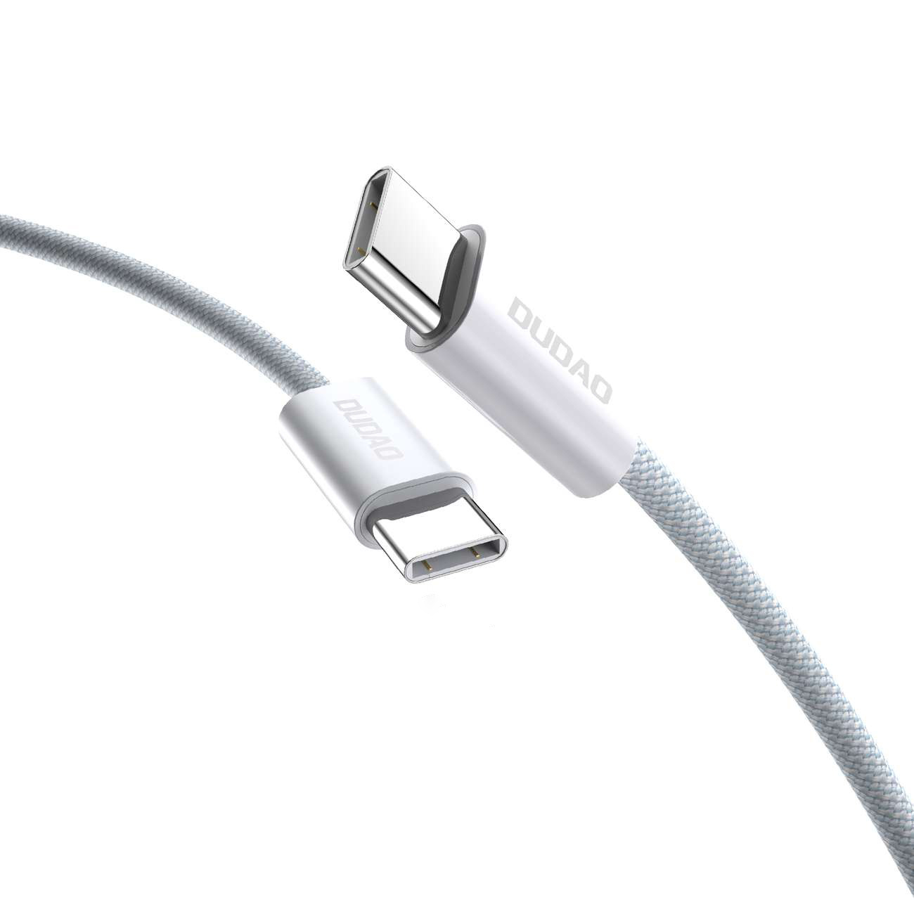 Dwa białe kable USB-C z marką 'DUDAO'. Widok pod kątem.