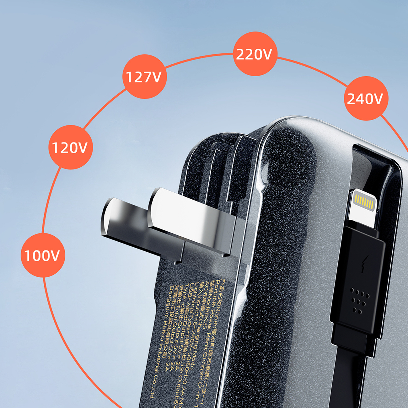 Zbliżenie czarnego power banku ze wskaźnikami napięcia i kablem ładującym.