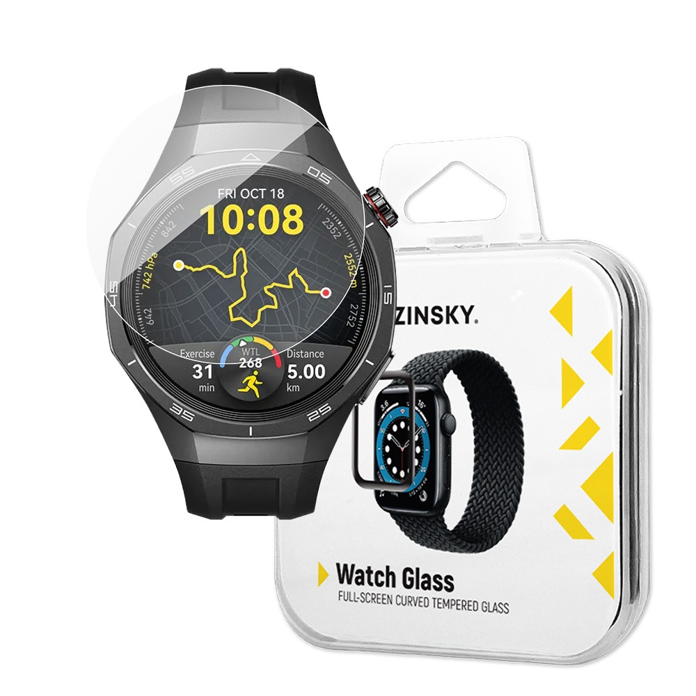 Smartwatch z osłoną ekranu obok zegarka z czarnym paskiem w przezroczystym etui.