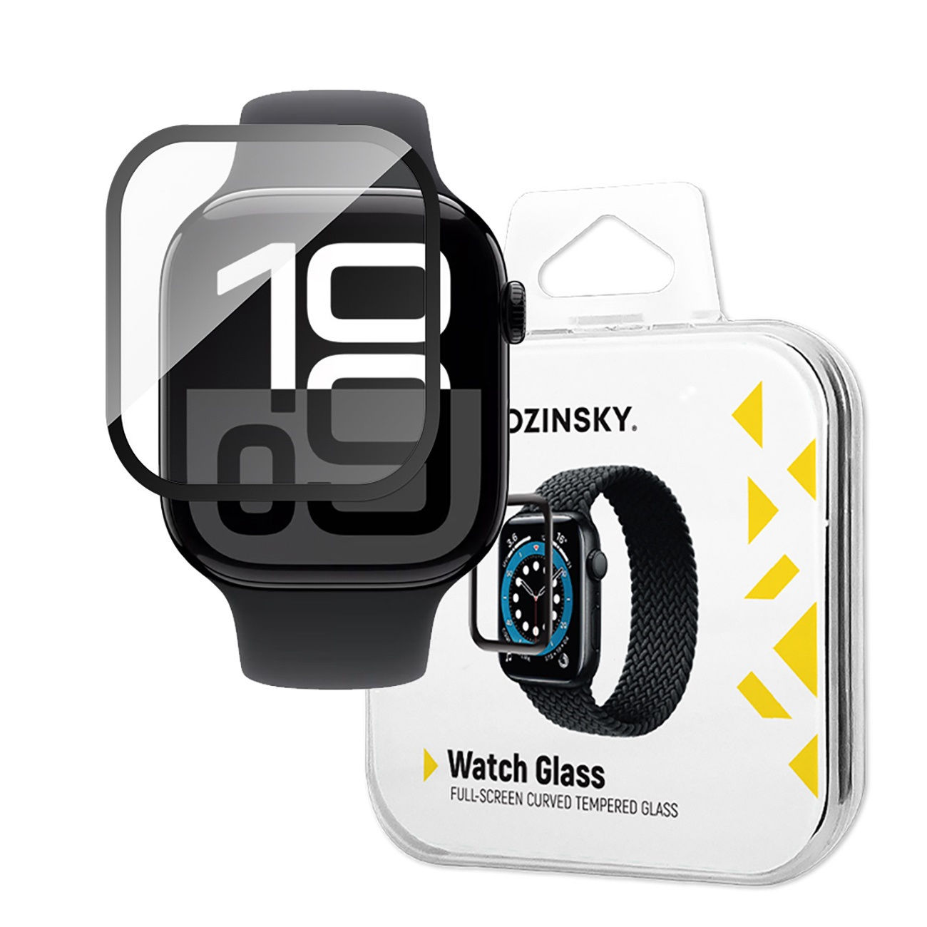 Smartwatch z folią ochronną na ekran i opakowanie pokazujące zegarek z folią.