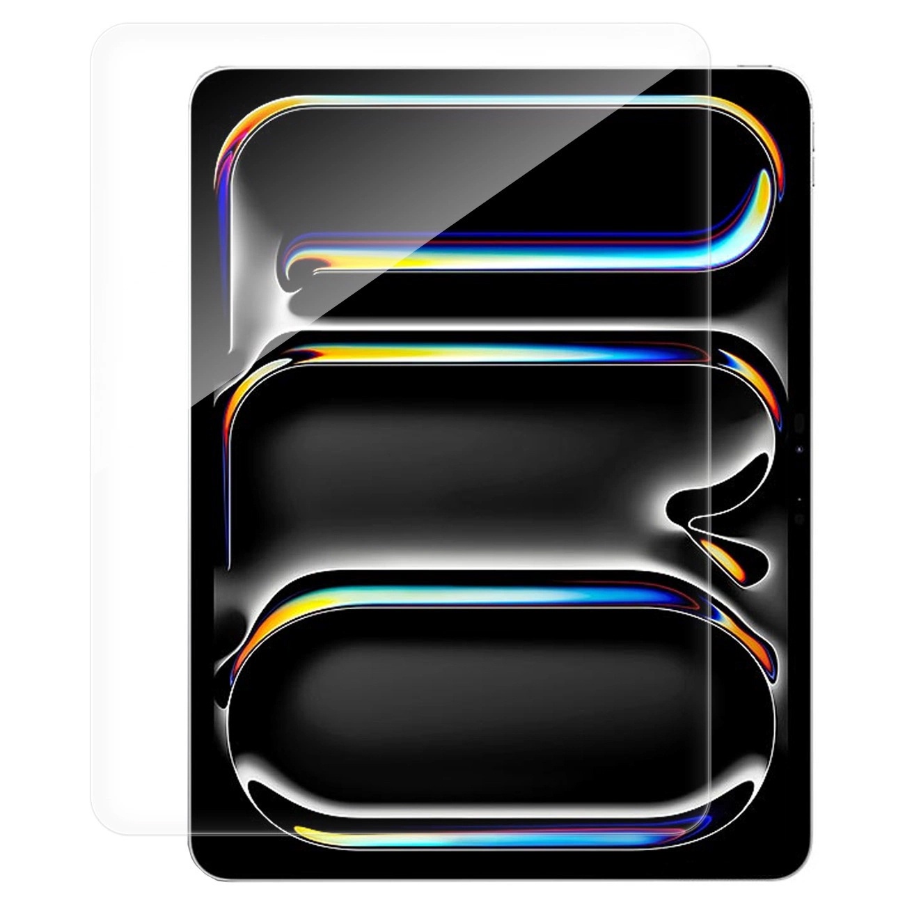 Tablet z ochraniaczem ekranu. Ekran wyświetla futurystyczny design z kolorowymi liniami i kształtami.