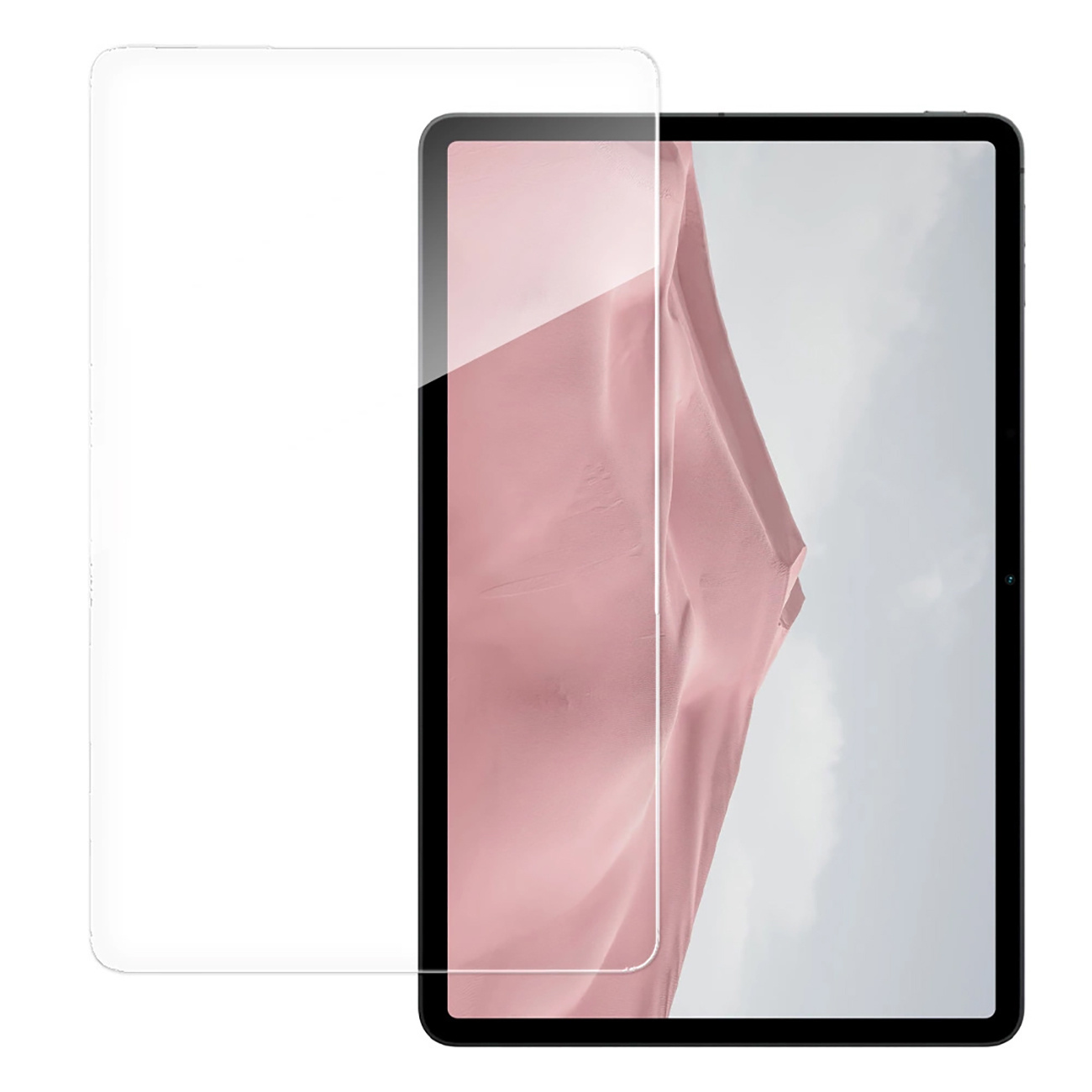 Wyświetlany jest tablet z ochraniaczem ekranu. Ekran wyświetla różową tkaninę. Ochraniacz jest przezroczysty.
